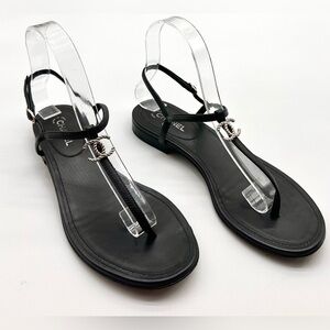 CHANEL CC Silver Logo Black Leather Thong T - Strap Sandals Flats EU 37 US 6-6.5